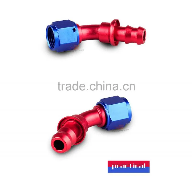 Aluminum oil cooler push on fitting 45 degree push on hose end blue and red 10-045-10