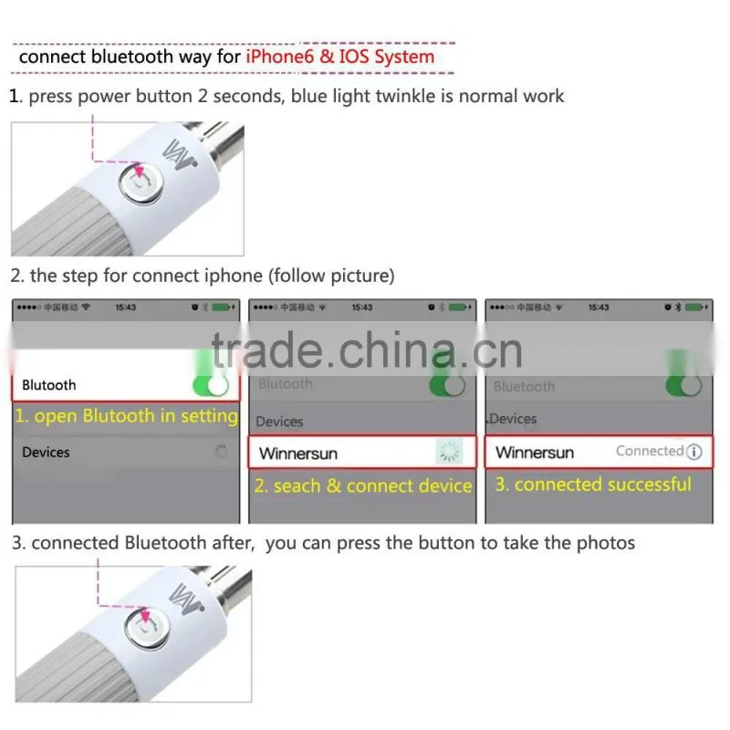 2015 newest design good quality extendable mini monopod foldable selfie stick with trade assurance