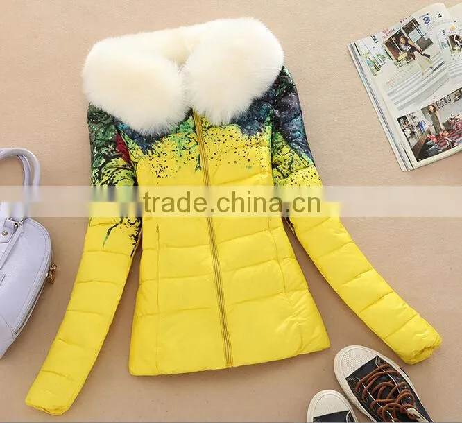 New Women's coats fur collar short down jacket printed cotton women's coat
