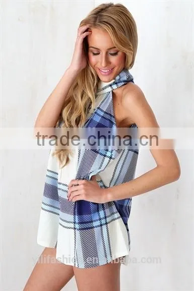 2015 Blue Cheque Playsuit jumpsuit shorts adult short jumpsuit
