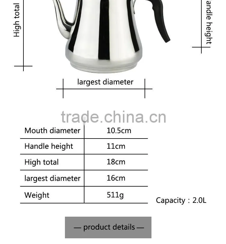 2L polished finish comfortable pouring stainless steel water kettle with filter screen and riveted PP handle