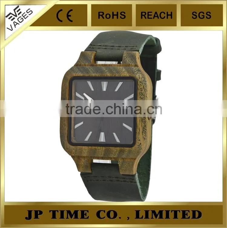 square case analog quartz wooden watch leather Japan movement laser logo