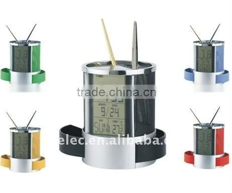 LCD clock with pen holder