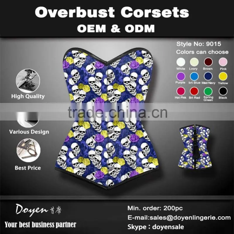 2016 new skull steel boned waist cinchers front zipper corset