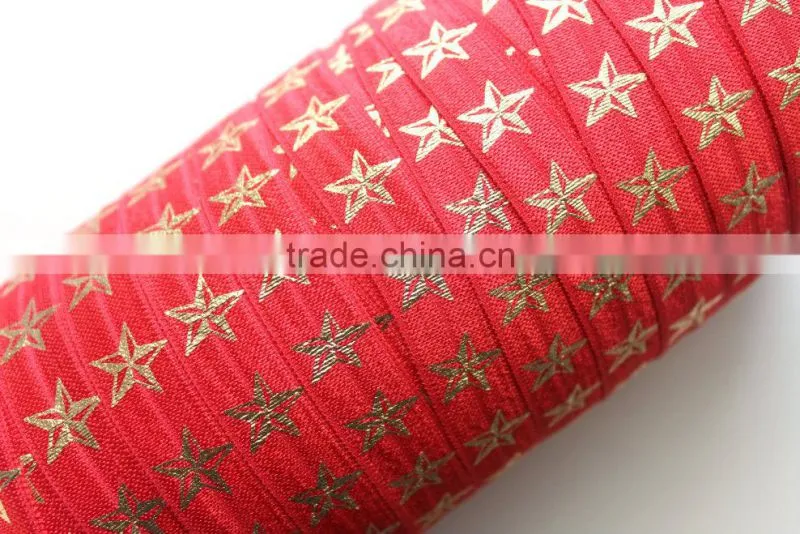 5/8" Fold Over Elastic Red with Gold Stars - Pattern, Metallic, Printed Elastic Band