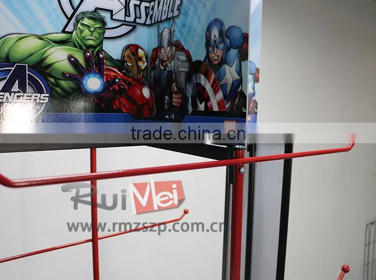 Red metal hanging bag display stand