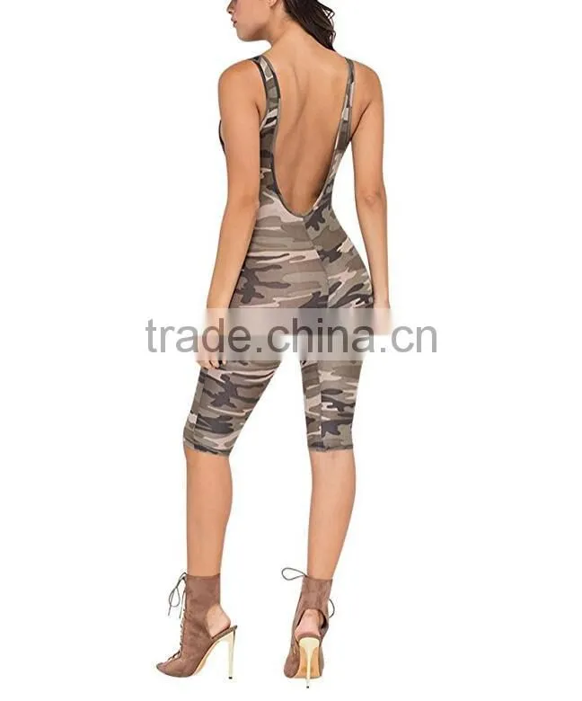 Scoop Neck Camouflage Backless Knee Length Tights Gym Walking Running Sports Suits Sexy Bodycon Jumpsuit Rompers For Women