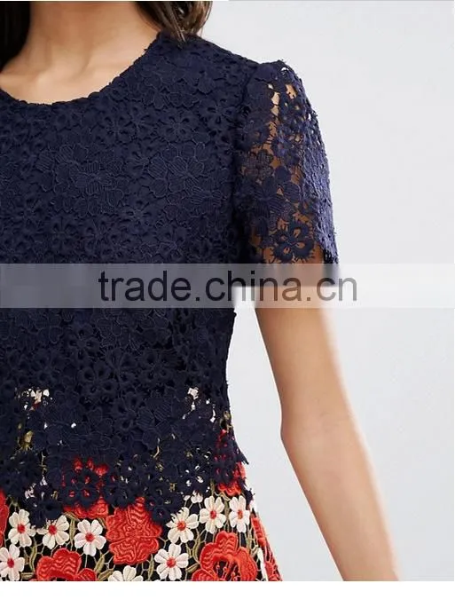 Beautiful Lace Dress Christmas Crocheted High Waist Short Sleeve Women Dress Fashion Party Club Short Dress