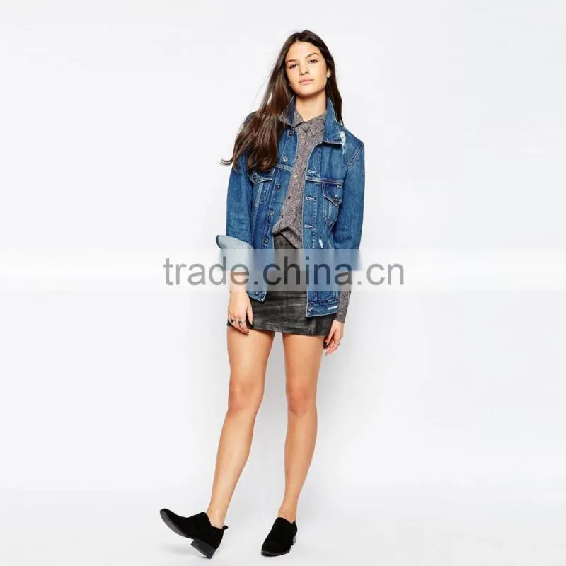long style young girl ripped denim jacket women cheap