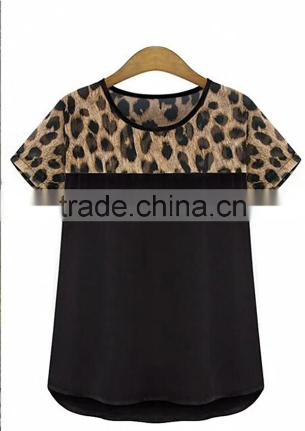 Classic black and white Summer women chiffon leopard stitching clothing plus size,chiffon fabric,t shirt women wear