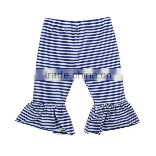 Wholesale boutique ruffle kids stripe pants 100% cotton ruffle bottom infants leggings pants girls summer Capri