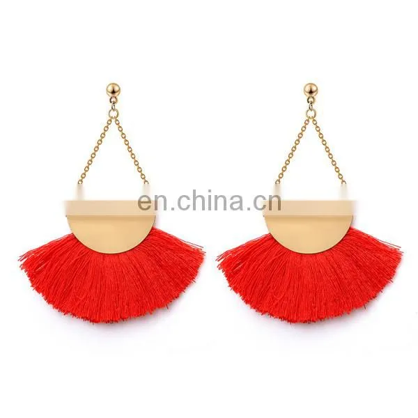 Fashion Women Vintage Geometric Fan - shaped Cotton Tassel Dangle Ear Stud Earrings