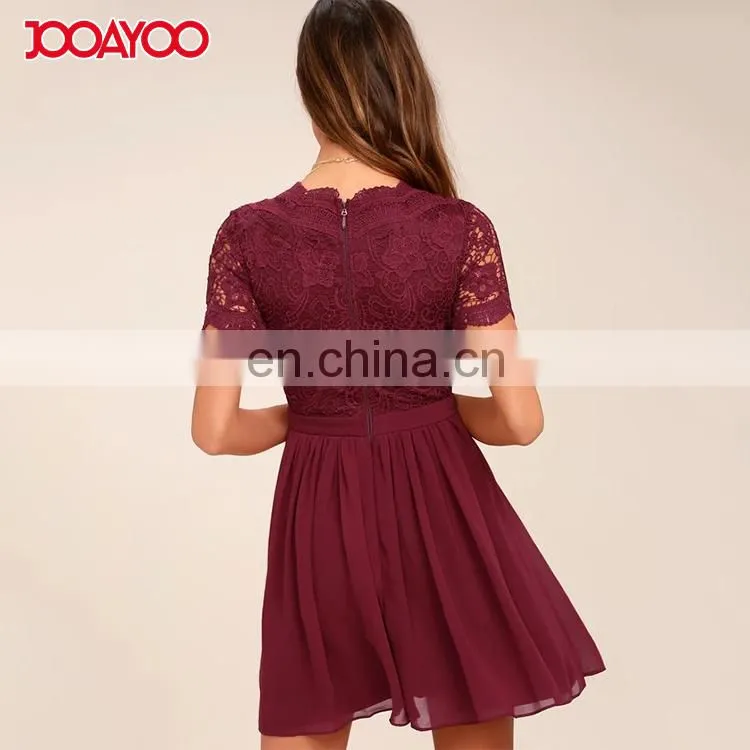 2017 fashion women clothing midi dresses burgundy sexy ladies skater lac dress