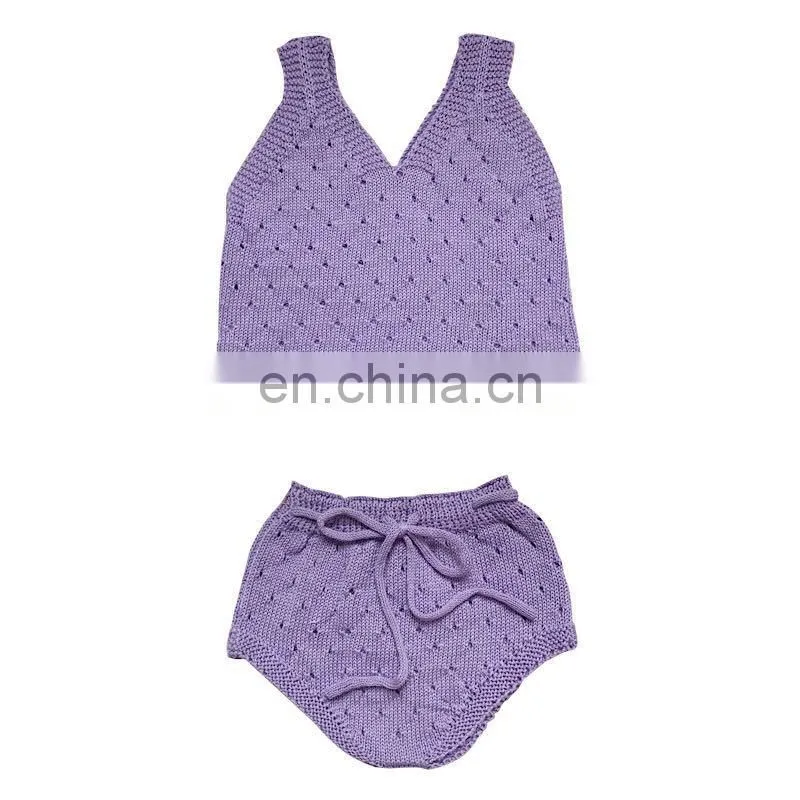 100% Cotton Knitted kid Girl knitted 2pcs set On Crop and short sets for knitted