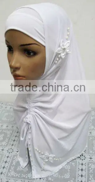 A569 Stylish islamic headscarf HEJAB pearl beaded flower two pieces LONG MUSLIM HIJAB