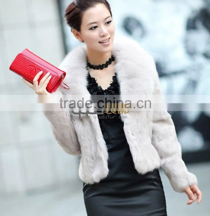 QD-VB0803 Whole-hide Rabbit Fur Jacket with fox fur collar