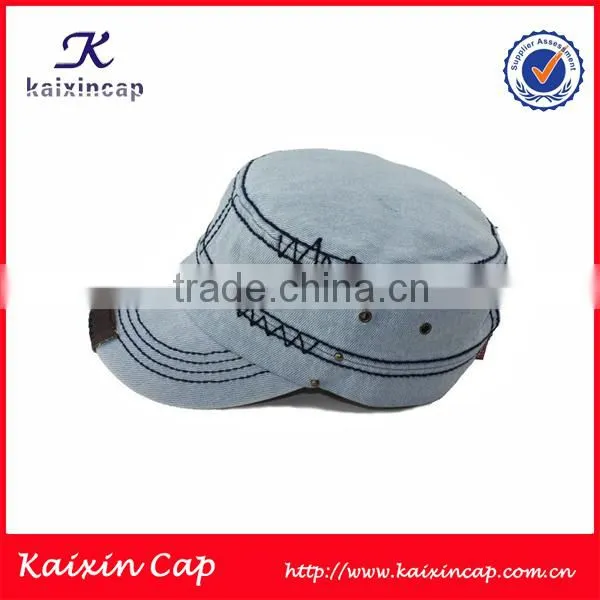 customize fashion flat top blank military cap custom tone washed denim cap