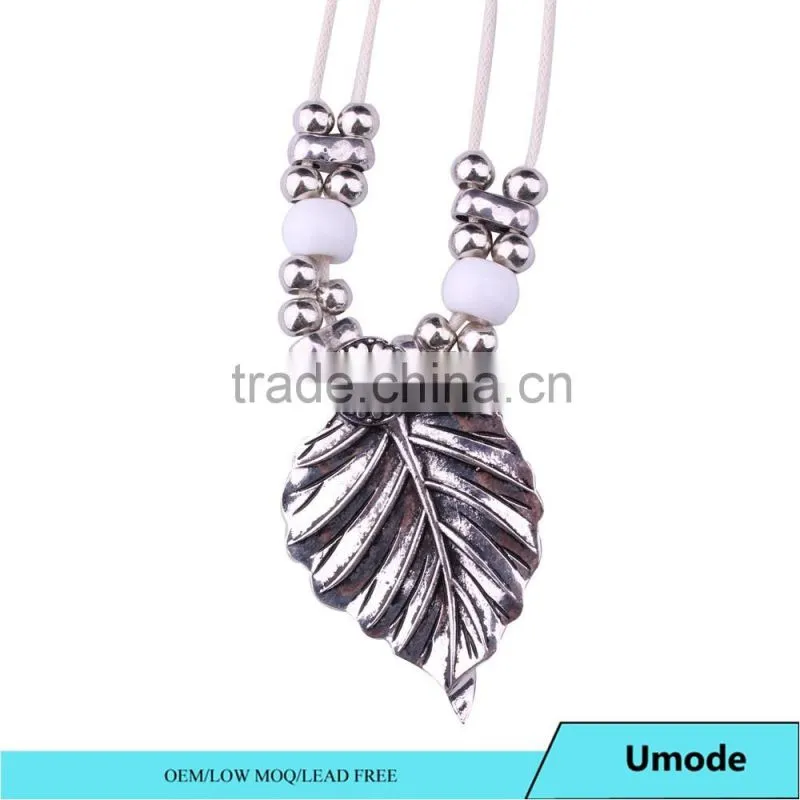Vintage Ethnic Bohemian Leaf Charm Pendant Rope Chain Silver Necklace