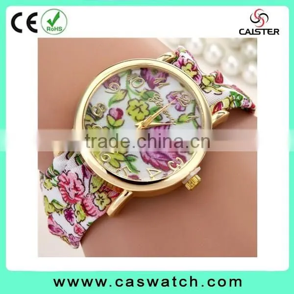 2016 geneva style floral ribbon watch, gold plated flowery face lady watch, vogue hot fashion lady watch