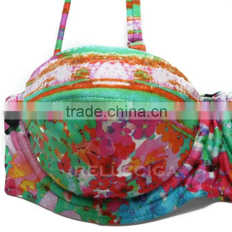 RELLECIGA Digital Floral Print Bikini Series - Longline Bandeau Top & Adjustable Bottom Bikini Swimwear with Spliced Detail