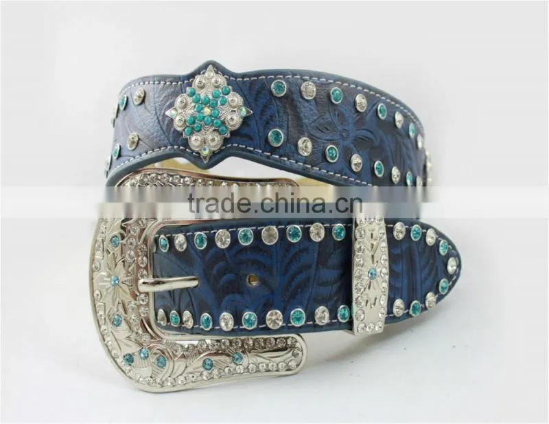 2016 Best Seller Scallop Western Rhinestone Leather Belt With Turquoise Concho
