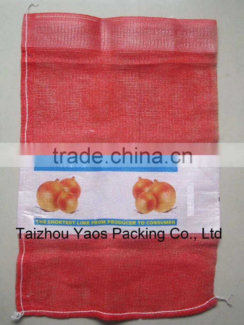 red perforated PP leno mesh bag plastic plain onions bag label bag