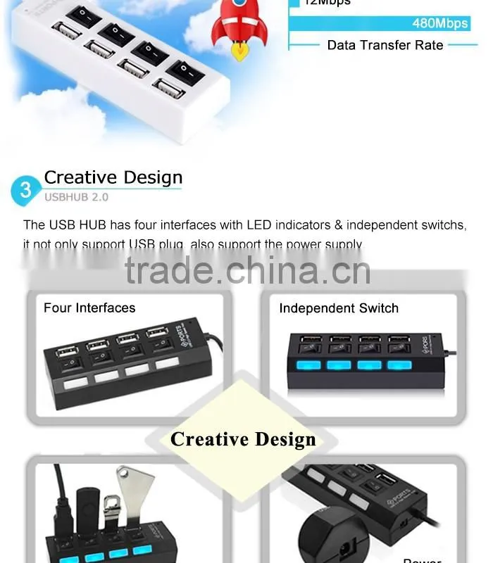 NEW Arrival High Speed USB Hub 4 Ports LED USB 2.0 Hub 480 Mbps Hub USB On/Off Switch For Computer Peripheral Accessorie