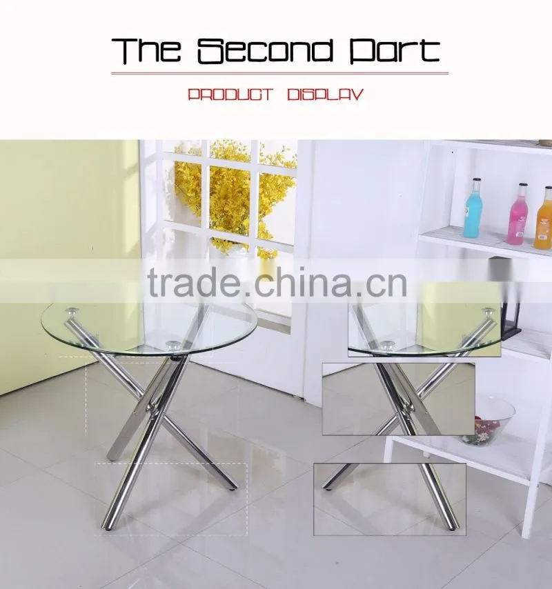Round glass dining table with 3 metal legs