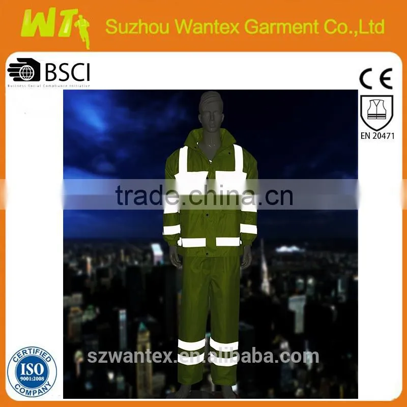 100% polyester with pvc coating waterproof reflective life rainwear working jacket and pants for men