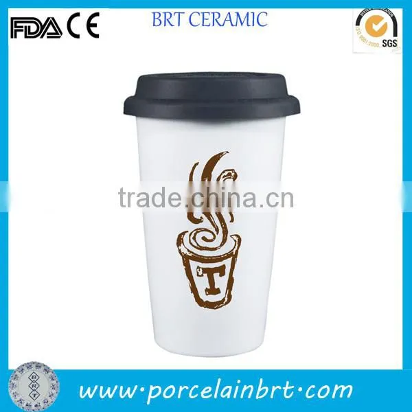 nice design customised white porcelain reusable double wall coffee mug for promotions