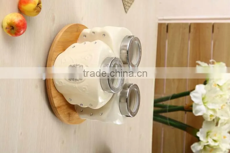 Ceramic canister set with turntable bamboo rack,ceramic food storage jar,ceramic kitchen sugar coffee tea jar