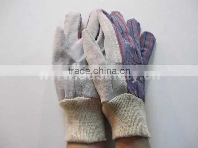 DDSAFETY 2017 Cow Split Rigger With Strip Cotton Back Knit Wrist Safety Gloves