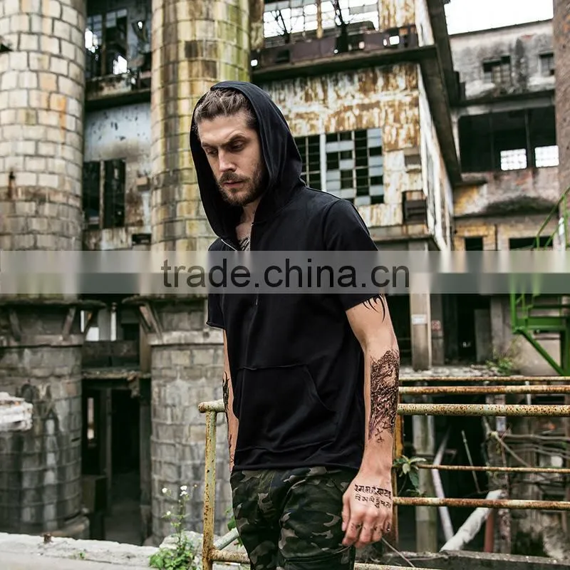 Men Black zipper o ring Hip hop t shirt with hood