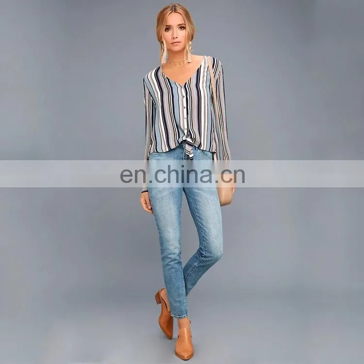 High quality trendy style striped long sleeve knotted shirt lady colorful blouse &top