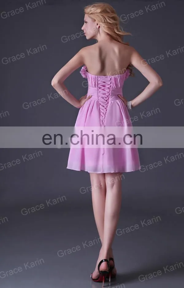 Grace Karin Strapless Short Pink Bridesmaid Dress With Flowers CL3469