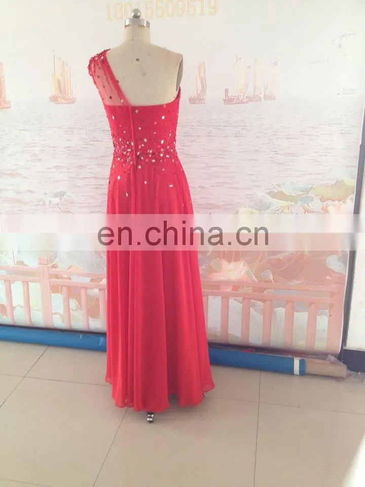 2014 New Arrival Fashion One-Shoulder Chiffon Beads Sparkle Red Long Evening Dresses