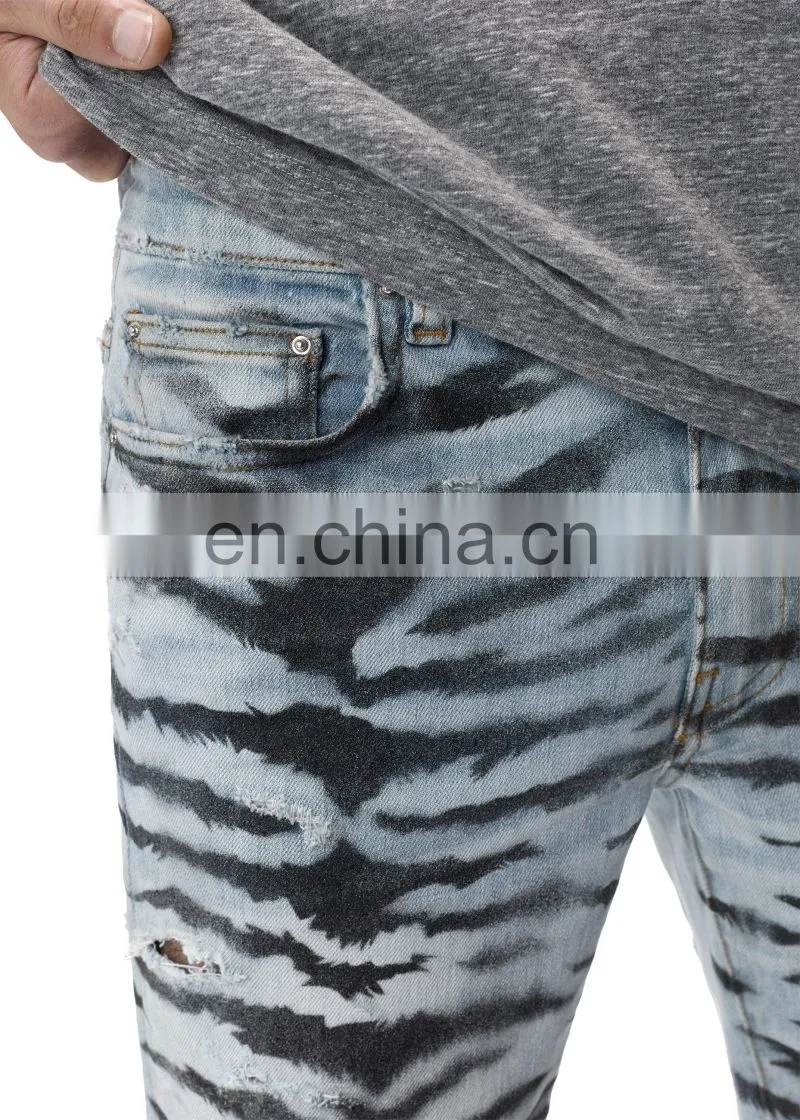 DiZNEW Tiger Pattern Destruction Skinny Denim Jeans Men for Male