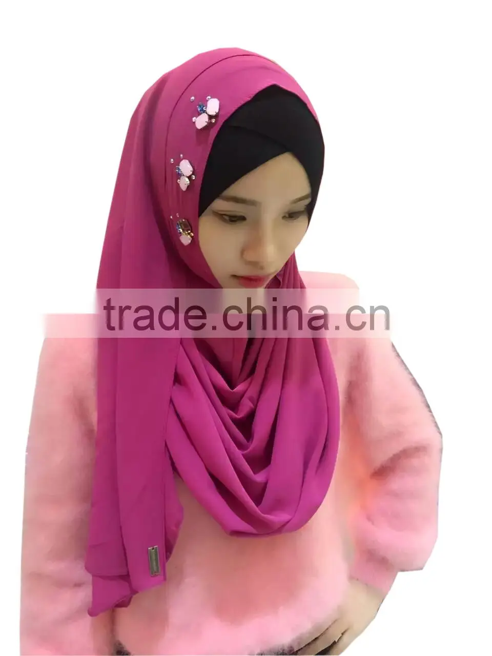 20COLORS popular senior chiffon instant headscarf handmade beading women's islamic scarf