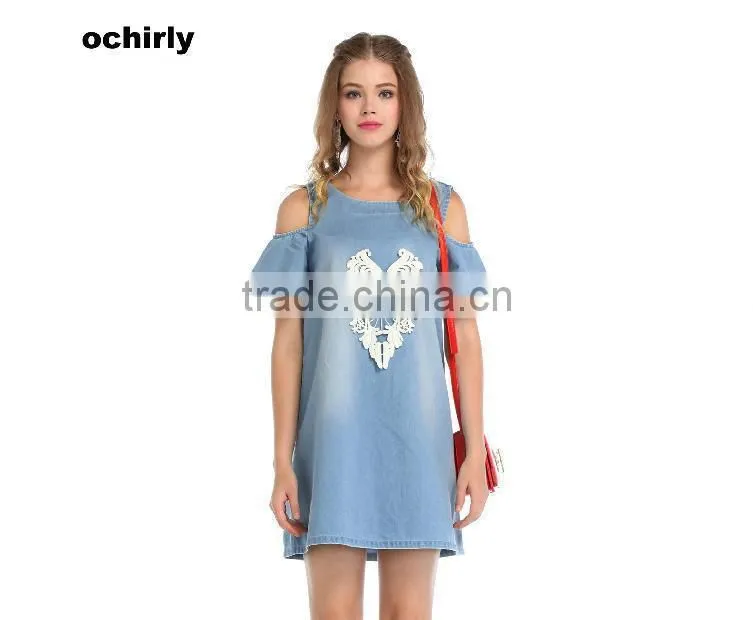 2014 new design Women Denim Dress Pattern Fashion Design Off Shoulder printing bule Denim Sexy Dress