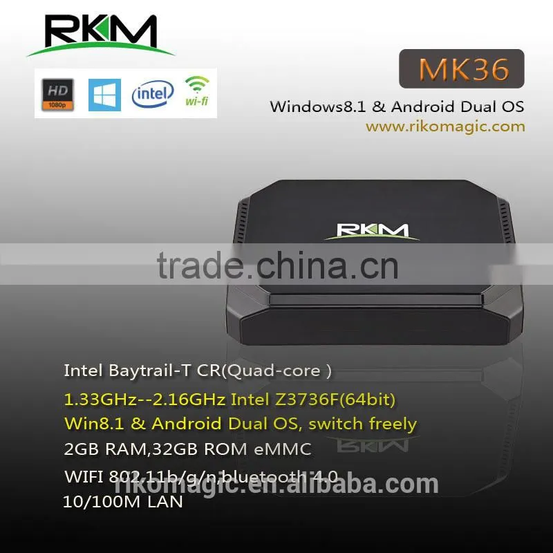 Rikomagic quad core intel tv box Z3736F,1080p,2G RAM, 32G eMMC, earphone jack