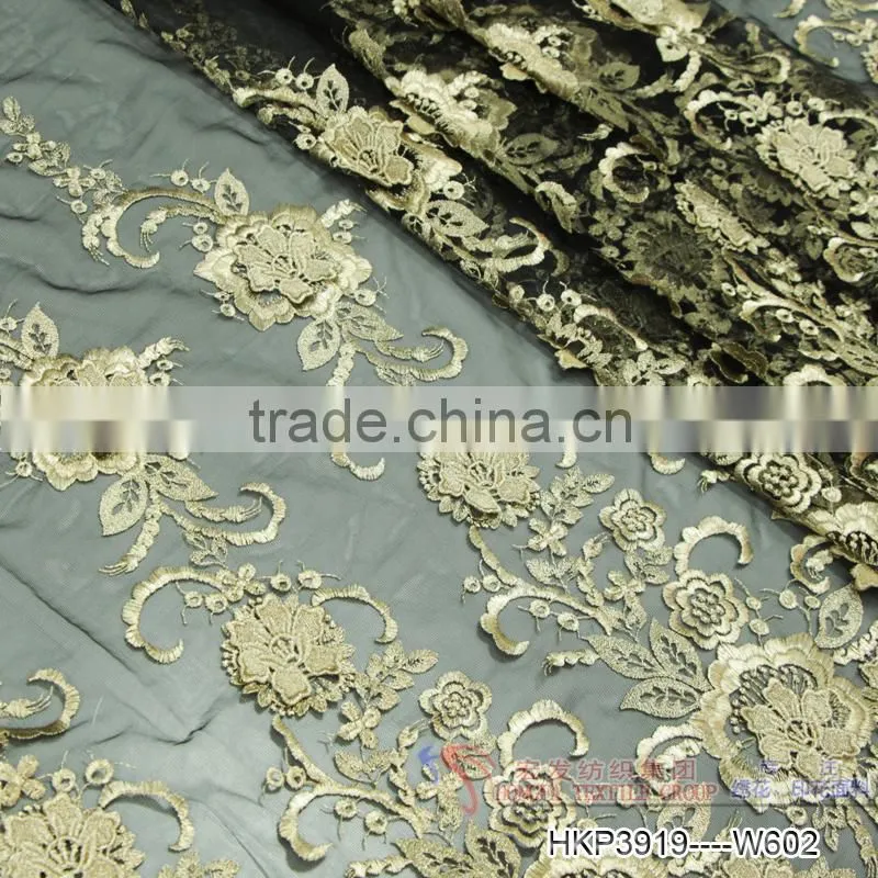 High end fashion dress border lace 3D applique metallic gold lace fabric
