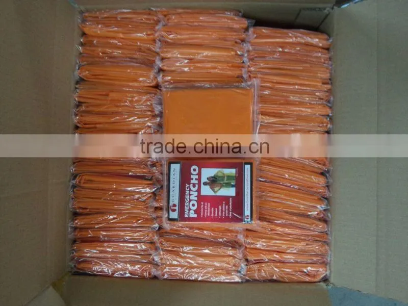 PE rainponcho orange color within paper card in the packing zipper bag
