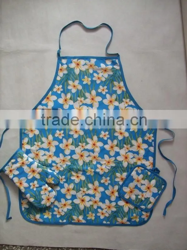 2016 silk screen pigment printing 3pcs cotton apron set with oven mitten pot holder set free samples China Supplier