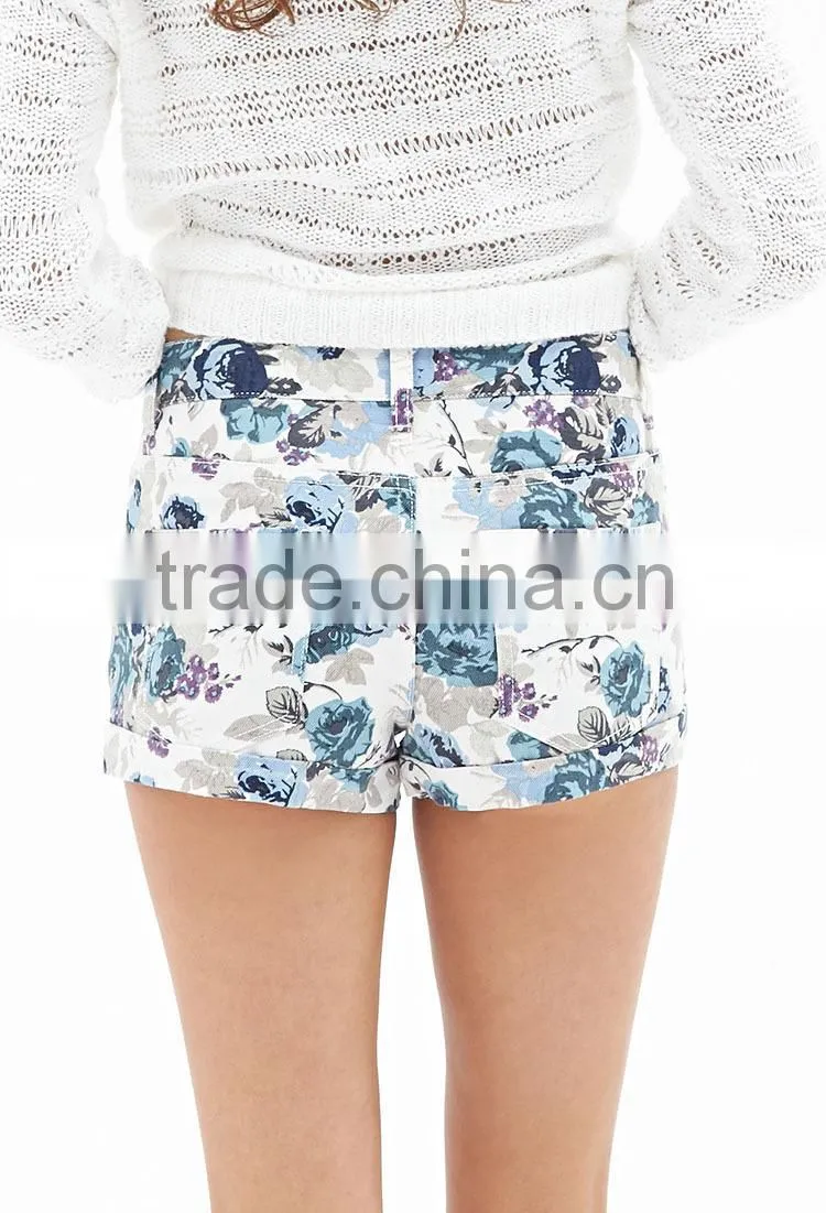 Latest design fashion blue 100% viscose low waist mini tight skirt and shorts girls floral shorts