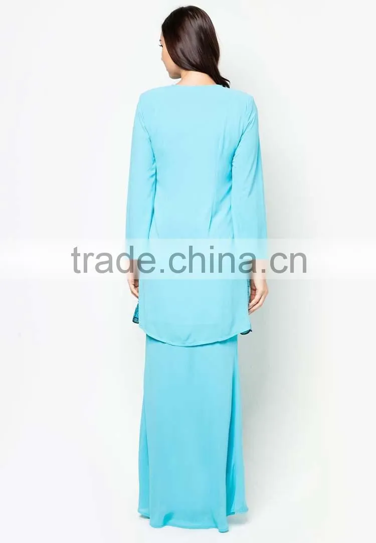 Blue beaded printed made in china long sleeve muslim dress