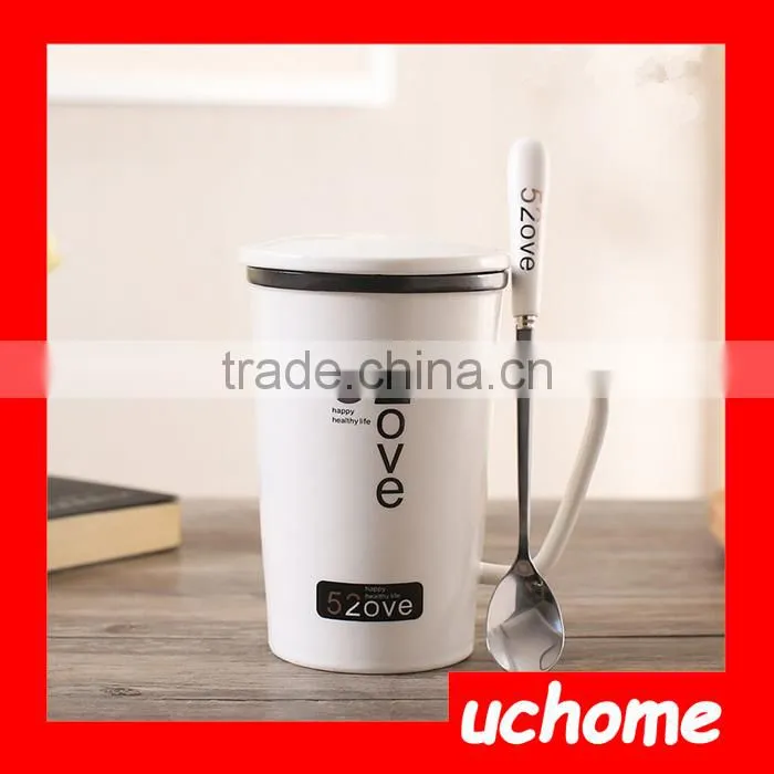 UCHOME Black And White Ceramic Couple Milk Mug Cups With Lid And Spoon