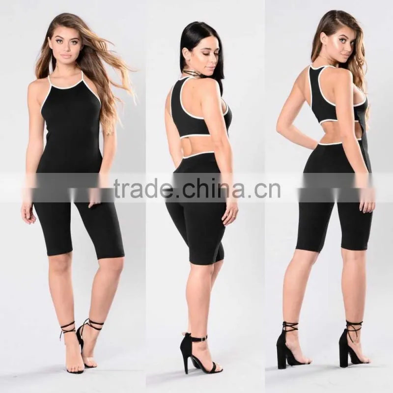 Sexy Sport Fitness Black Jumpsuit Sexy Women Razor Back Halter Neck Open Back Capri Length one piece jumpsuit