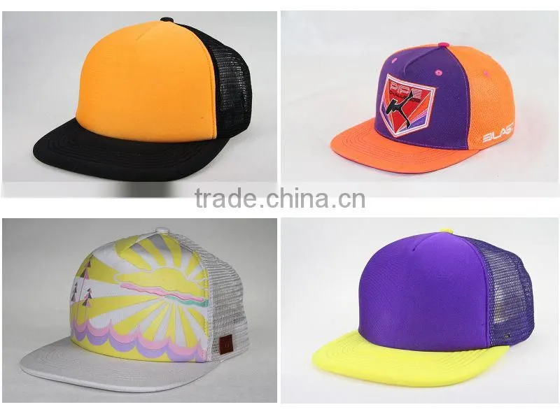 Blue embroidery logo custom flat brim 5 panel mesh trucker cap