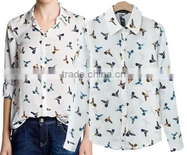 New fashion chiffon floral print shirts long sleeve chiffon blouse tops for woman