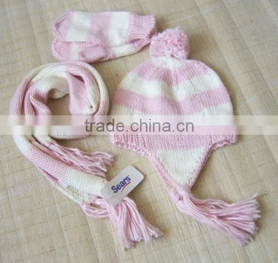 children pink and white winter knitting kids scarf hat glove 3pcs sets